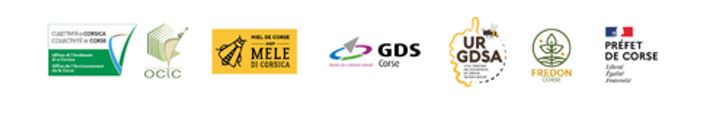 Logos des partenaires : Collectivité de Corse, OEC, Miel di Corsica, GDS Corse, URGDSA, FREDON Corse, Préfet de Corse